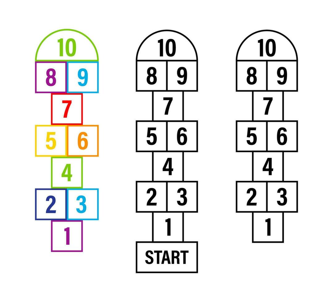 Set of child hopscotch game templates. Vector stock illustration