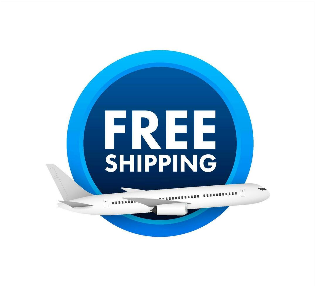 Airplane with label free shipping, E Commerce, Air Craft. Vector stock illustration