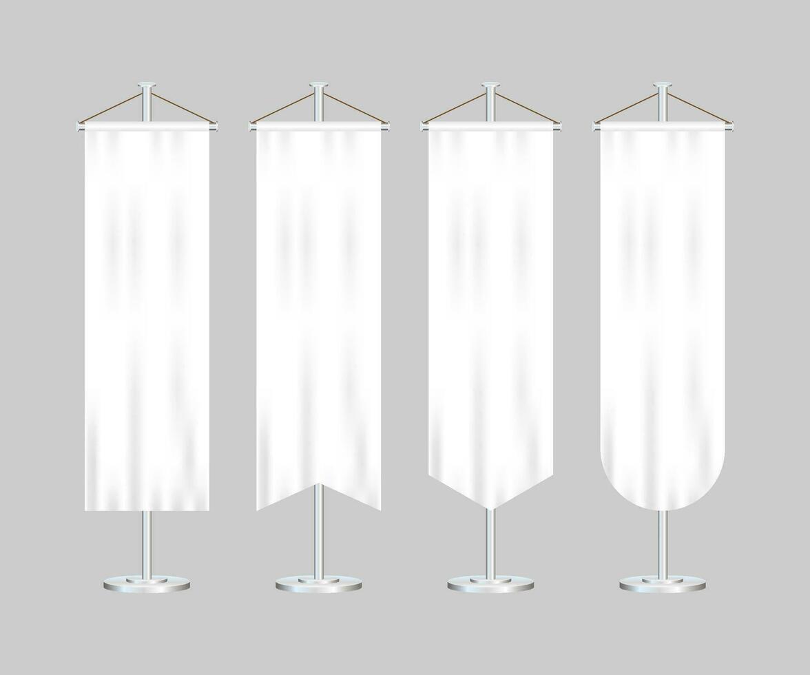 Signal white long sport advertising pennants banners samples on pole stand support pedestal realistic set. Vector illustration