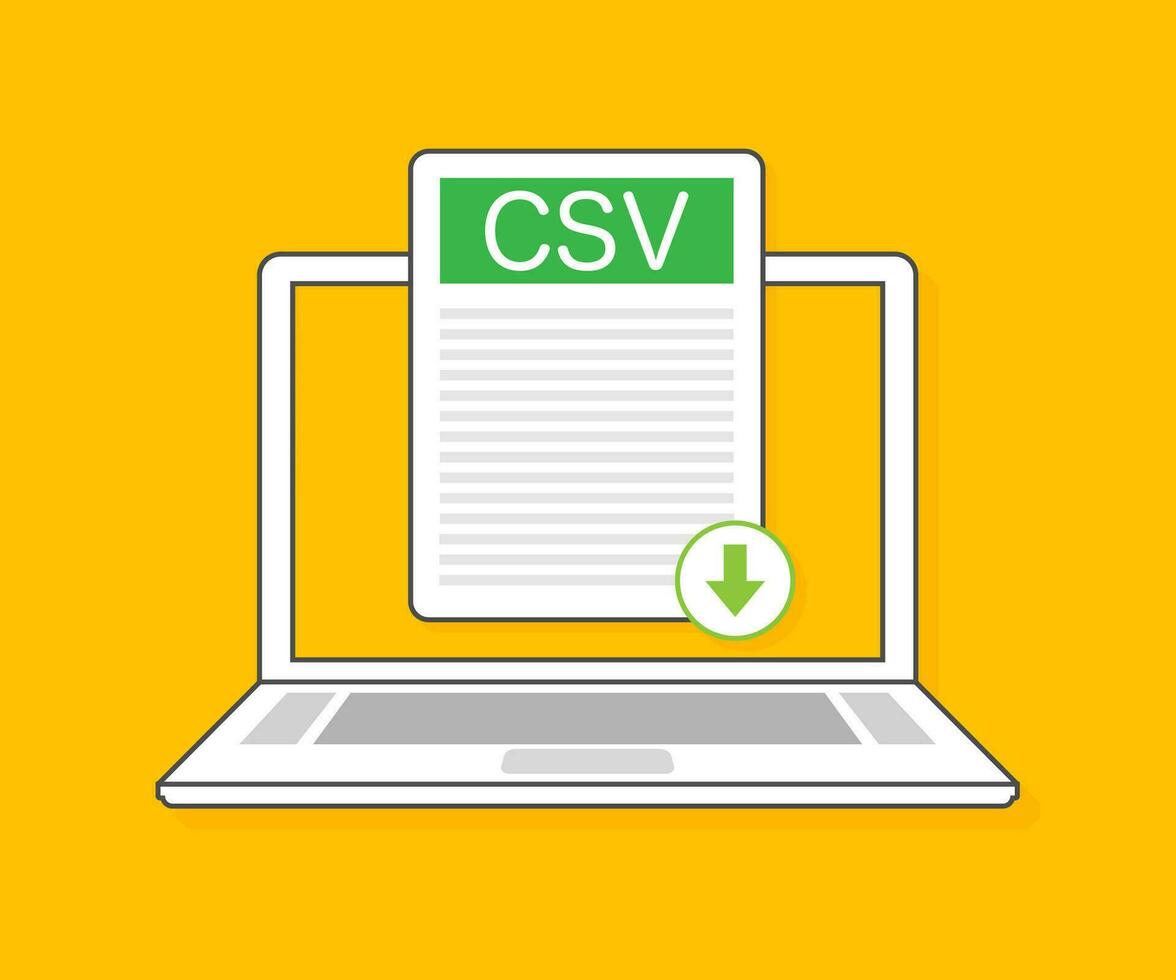 Download CSV button on laptop screen. Downloading document concept. File with CSV label and down arrow sign. Vector illustration