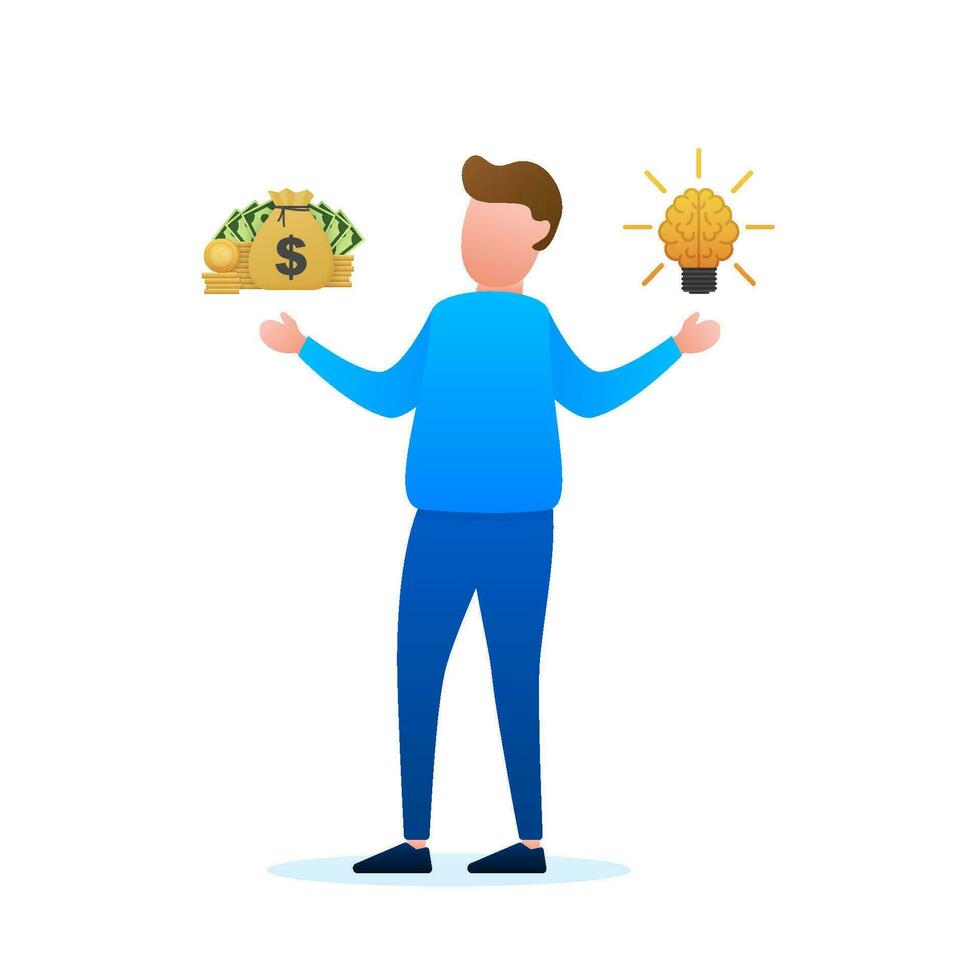 Man choosing between two options idea and money. Vector stock illustration