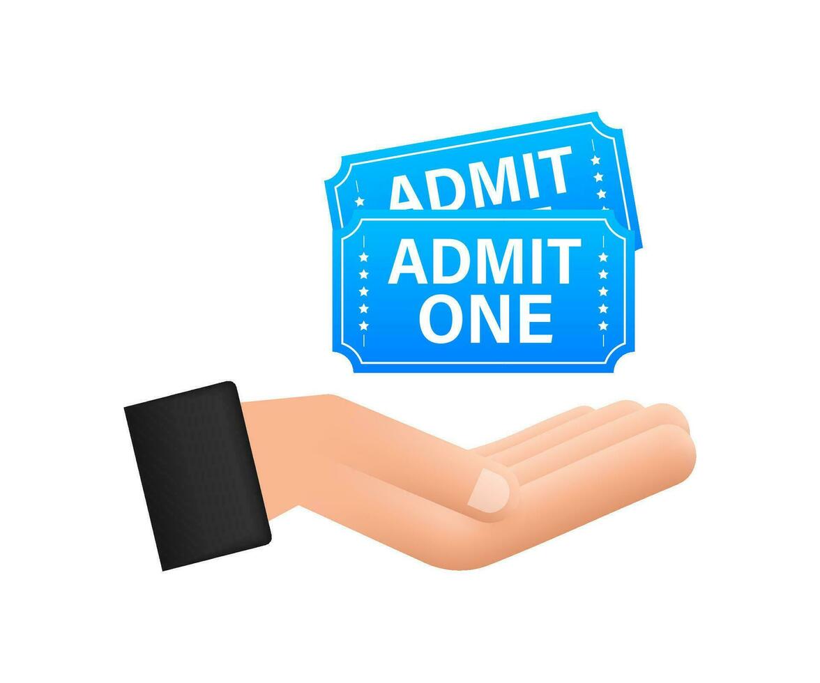 Realistic blue show ticket hanging over hands. Old premium cinema entrance tickets vector