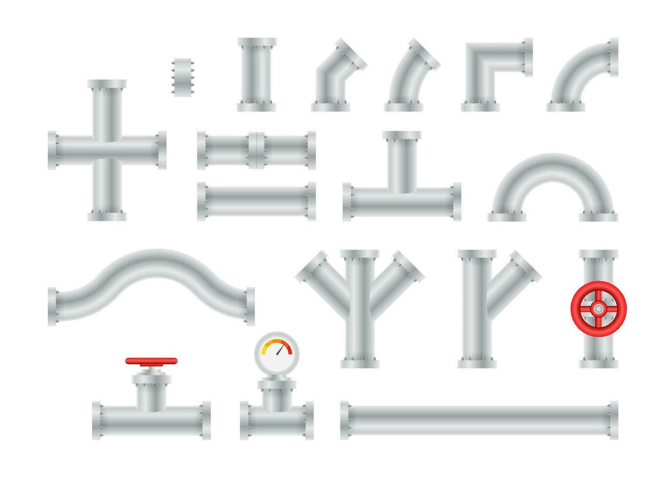 Details pipes different types collection of water tube industry gas valve construction vector