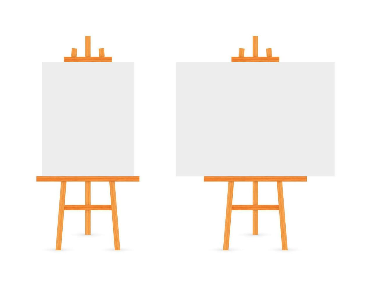 Vector Set of Wooden Brown White Sienna Easels with Mock Up Empty Blank Square Canvases Isolated on Background