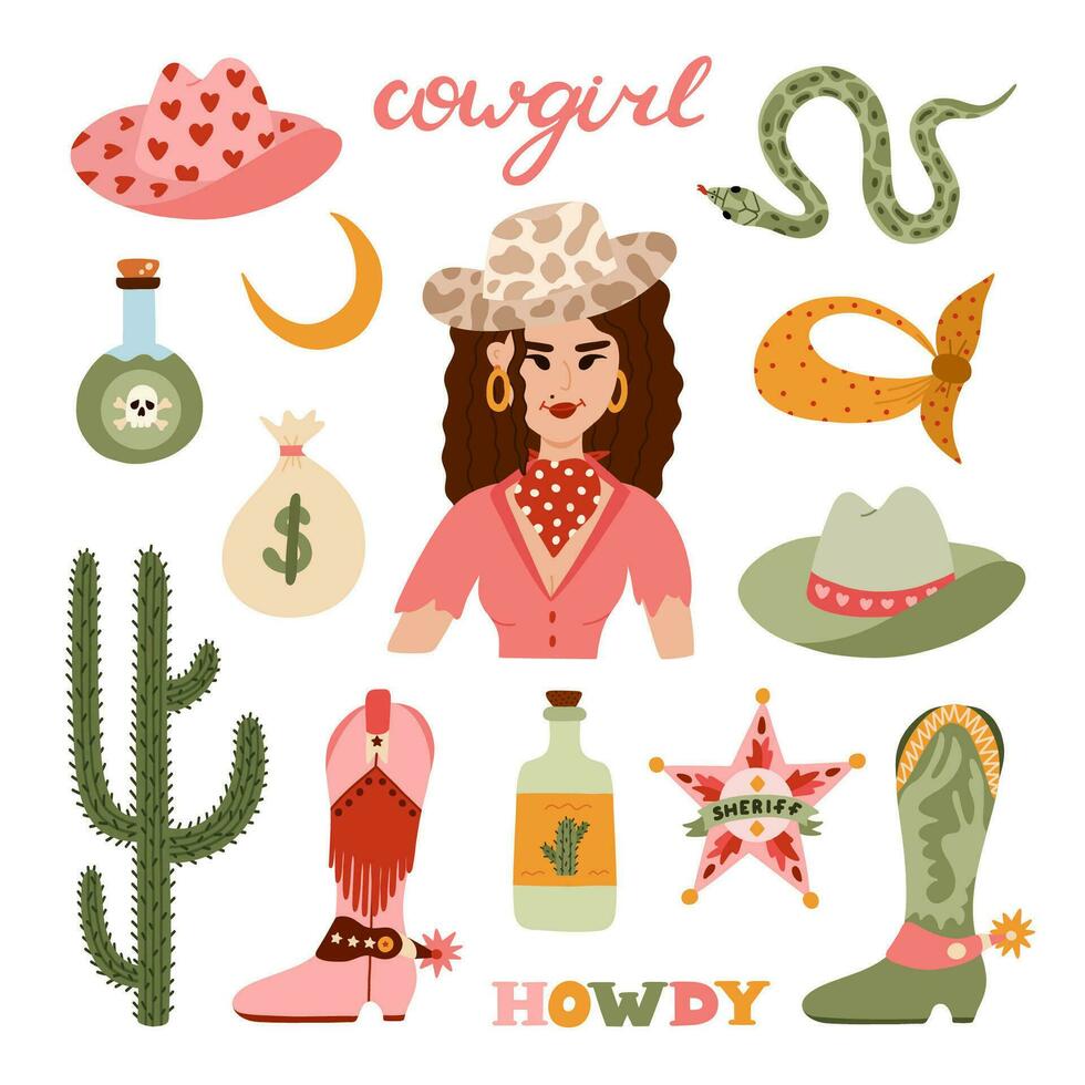 grande vaquera conjunto en de moda plano estilo. mano dibujado sencillo vector ilustración con occidental botas, sombrero, serpiente, cactus, toro cráneo, alguacil Insignia estrella. vaquero tema con símbolos de Texas y salvaje Oeste