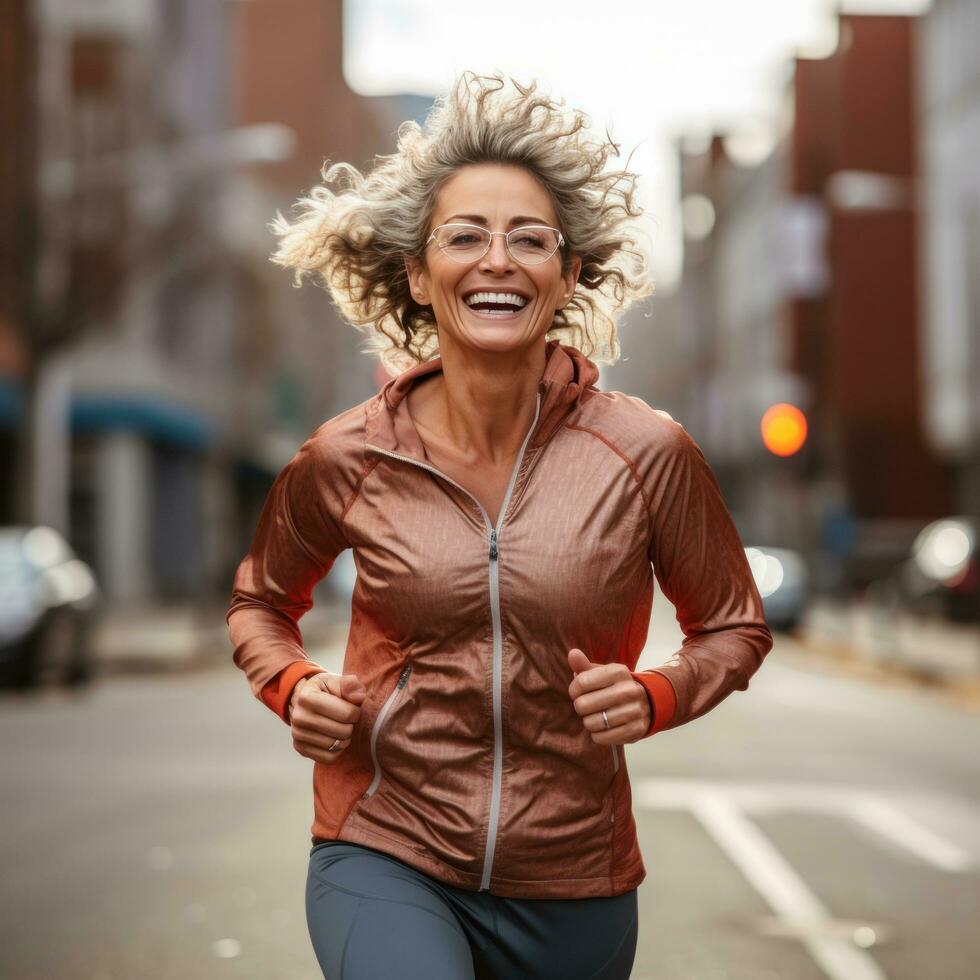 Mature woman running, athletic gear, city street, confident stride, exercise photo