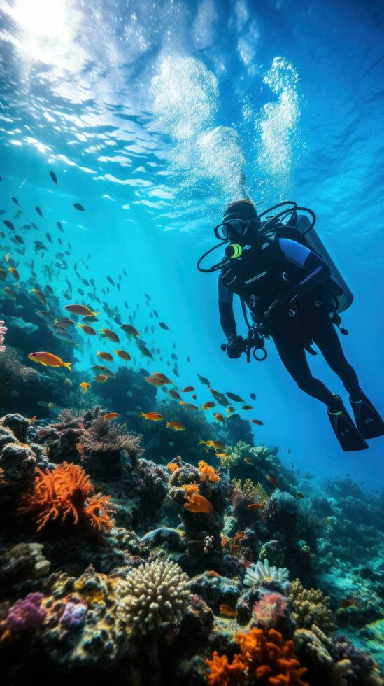 Coral reef conservation. Divers explore a colorful underwater world photo
