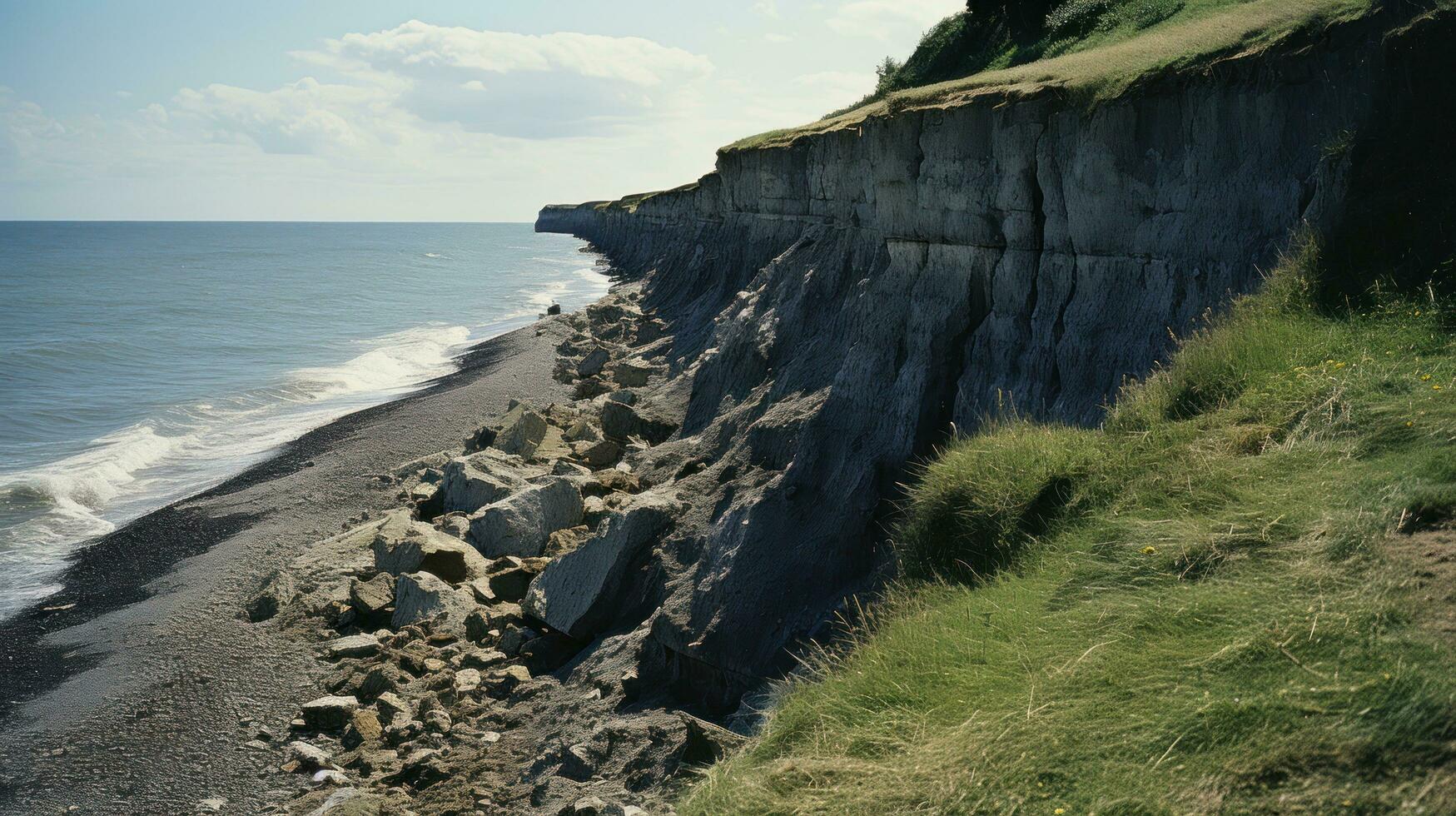 Coastal erosion. A coastline is eroded by powerful waves photo