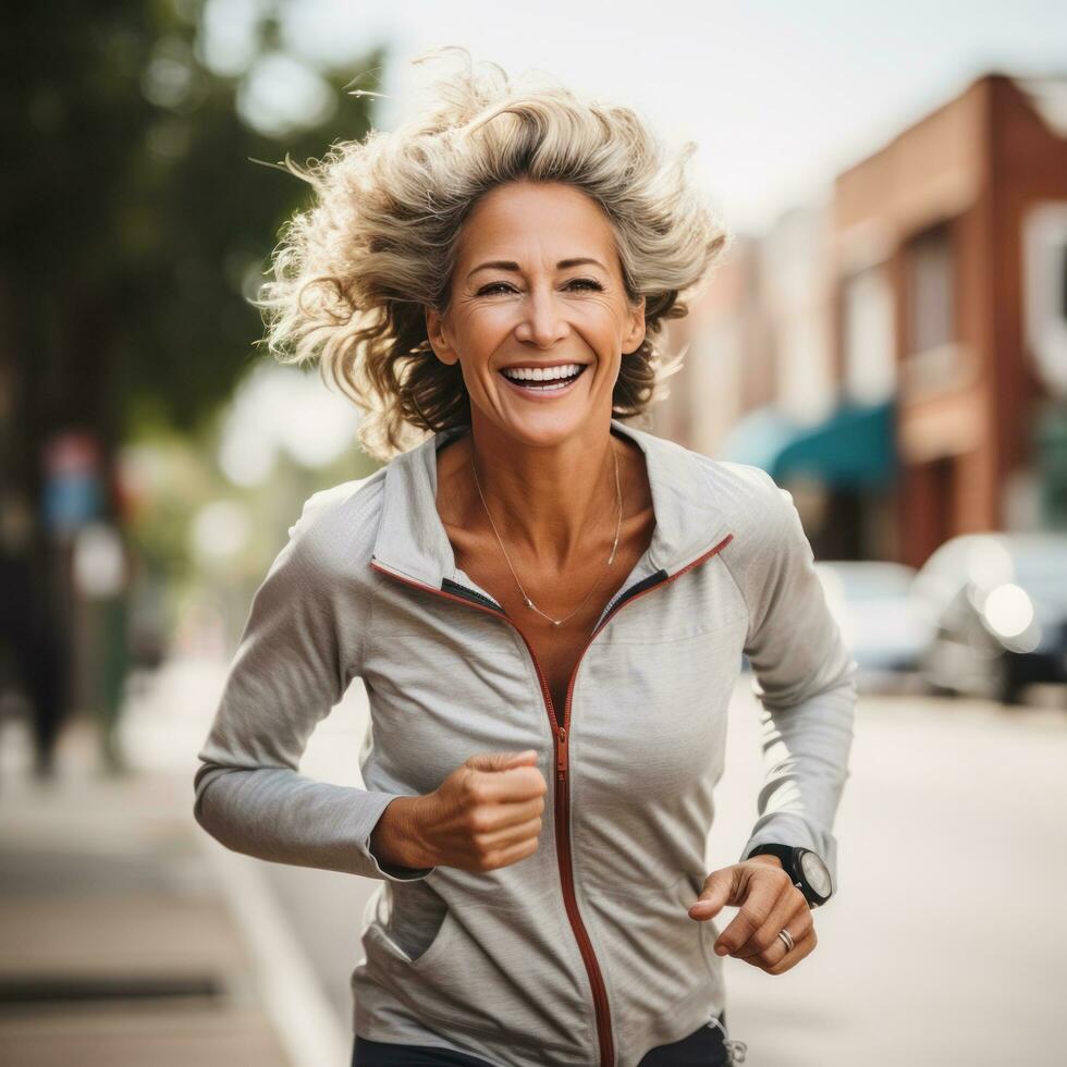 Mature woman running, athletic gear, city street, confident stride, exercise photo