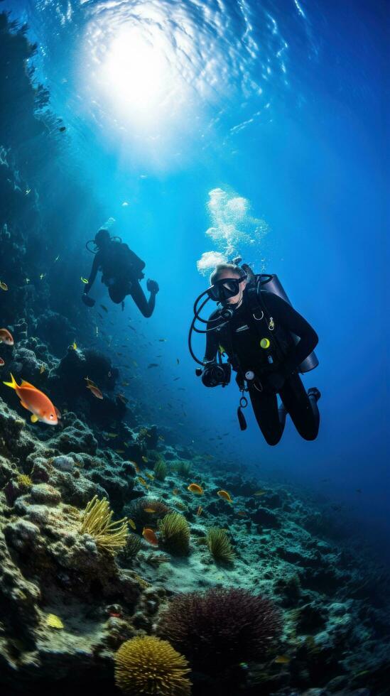 Coral reef conservation. Divers explore a colorful underwater world photo