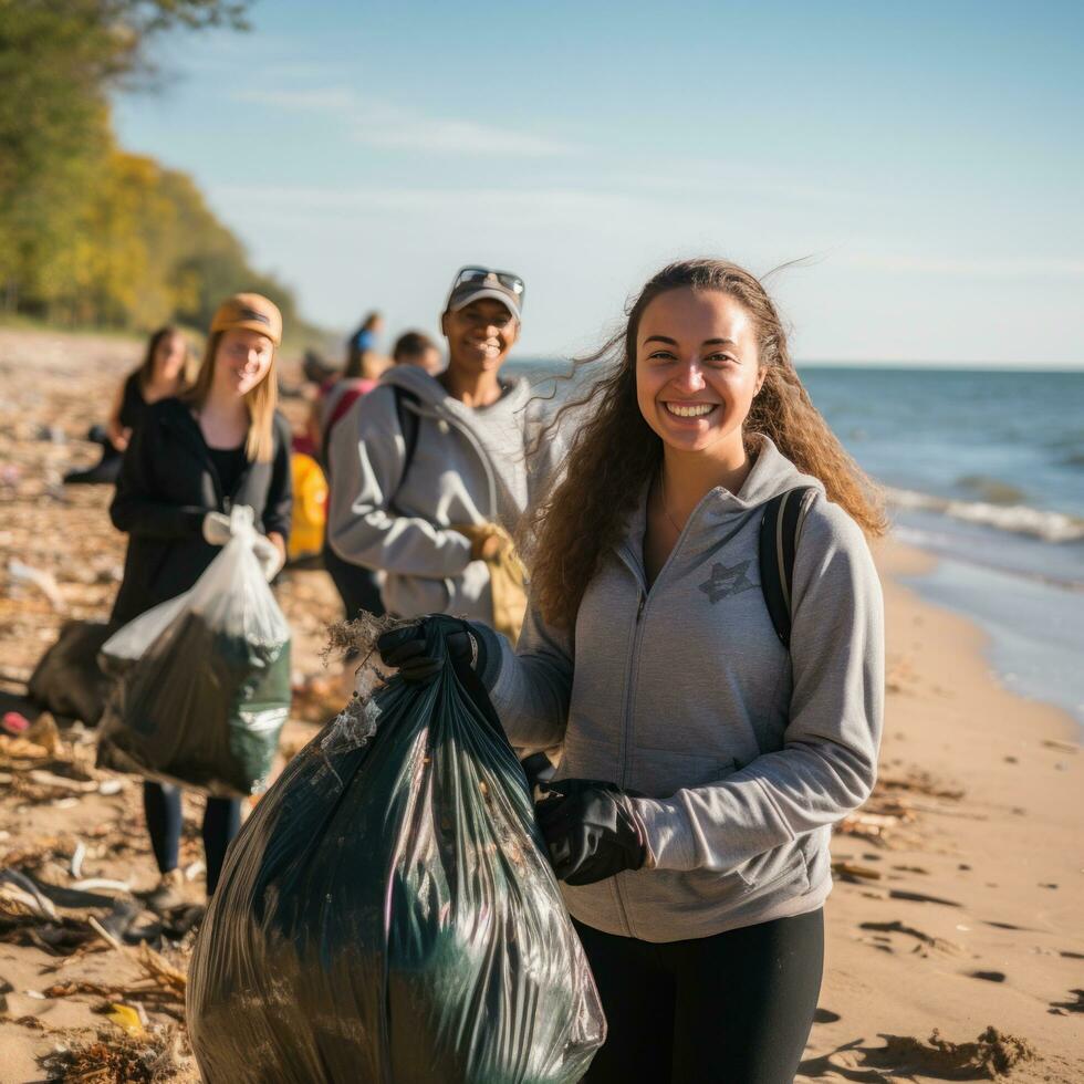 playa limpiar. voluntarios recoger basura en un arenoso apuntalar foto