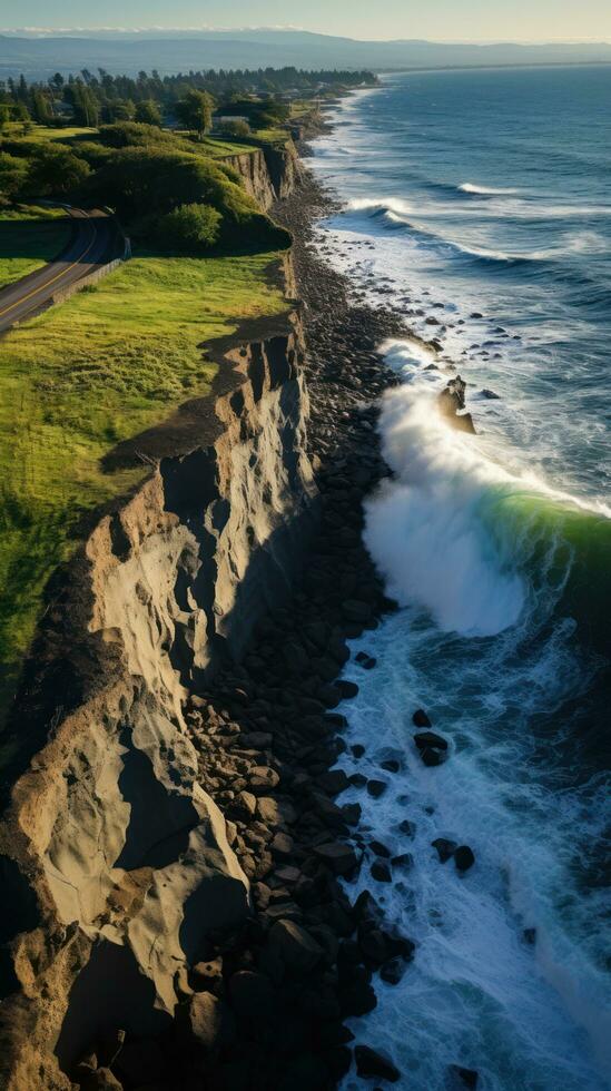 Coastal erosion. A coastline is eroded by powerful waves photo