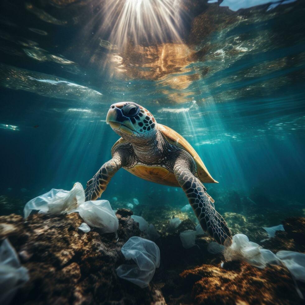 Plastic pollution. A sea turtle struggles with a plastic bag photo