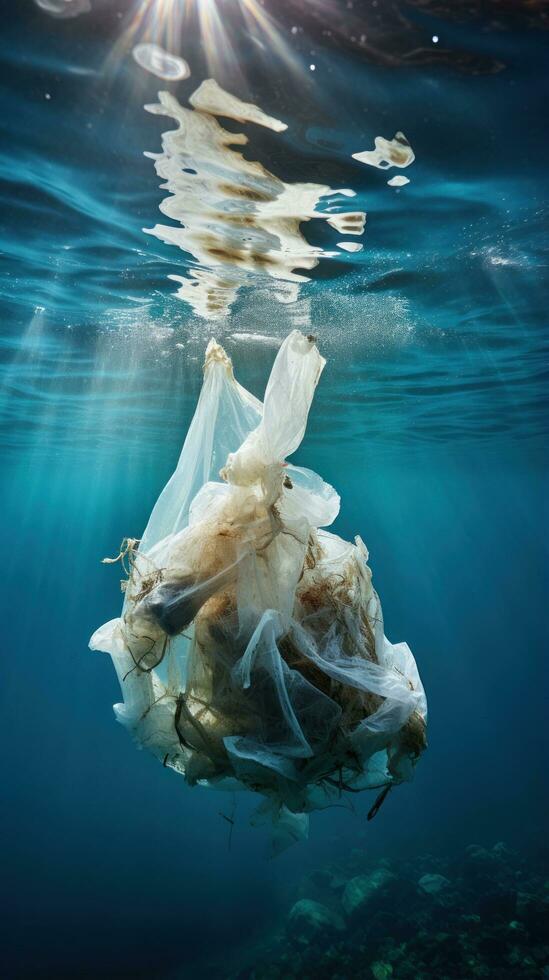 Plastic pollution. A sea turtle struggles with a plastic bag photo