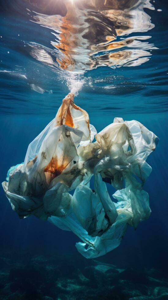 Plastic pollution. A sea turtle struggles with a plastic bag photo