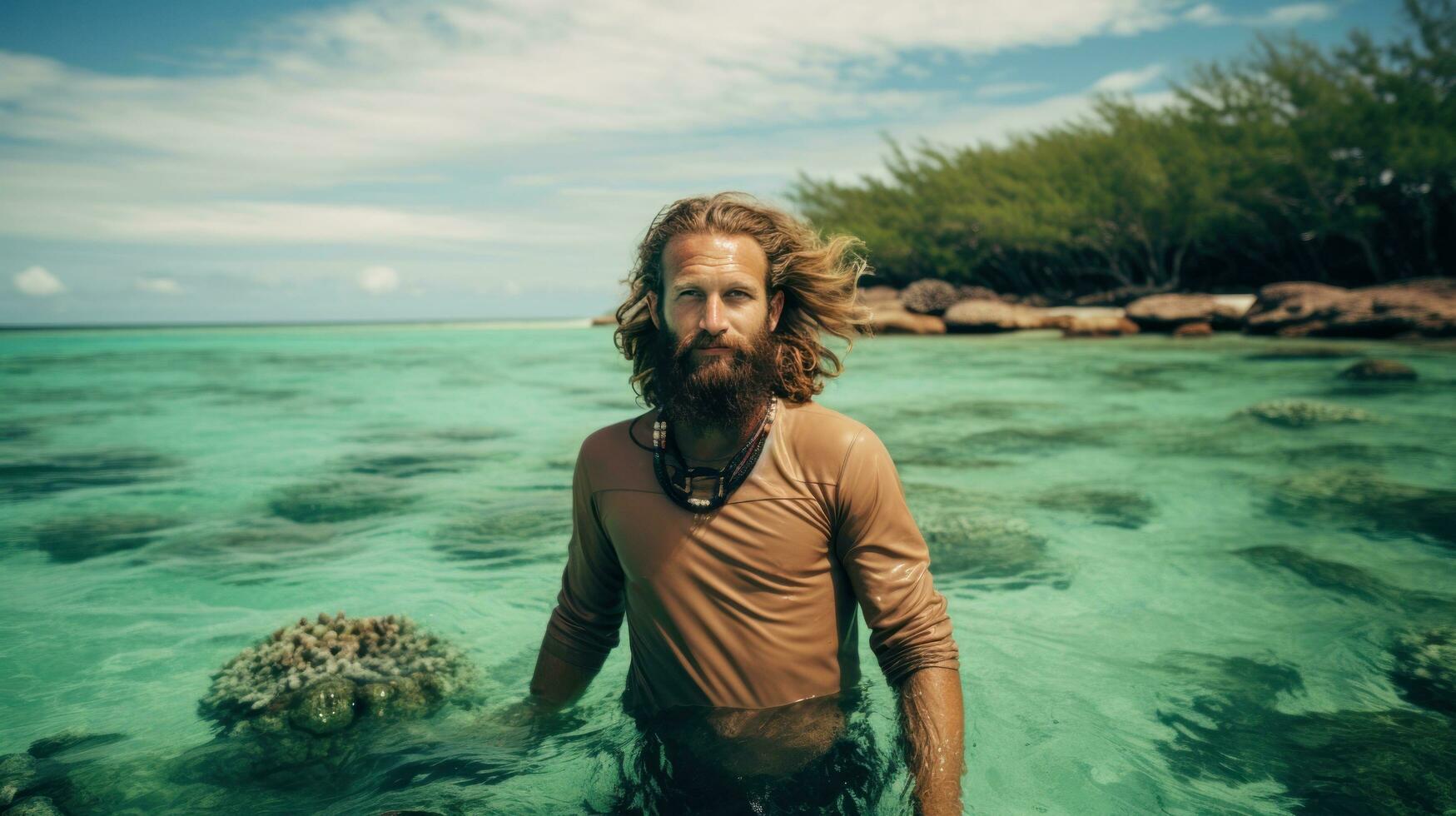 Ocean conservation. A man holds a save the ocean sign photo