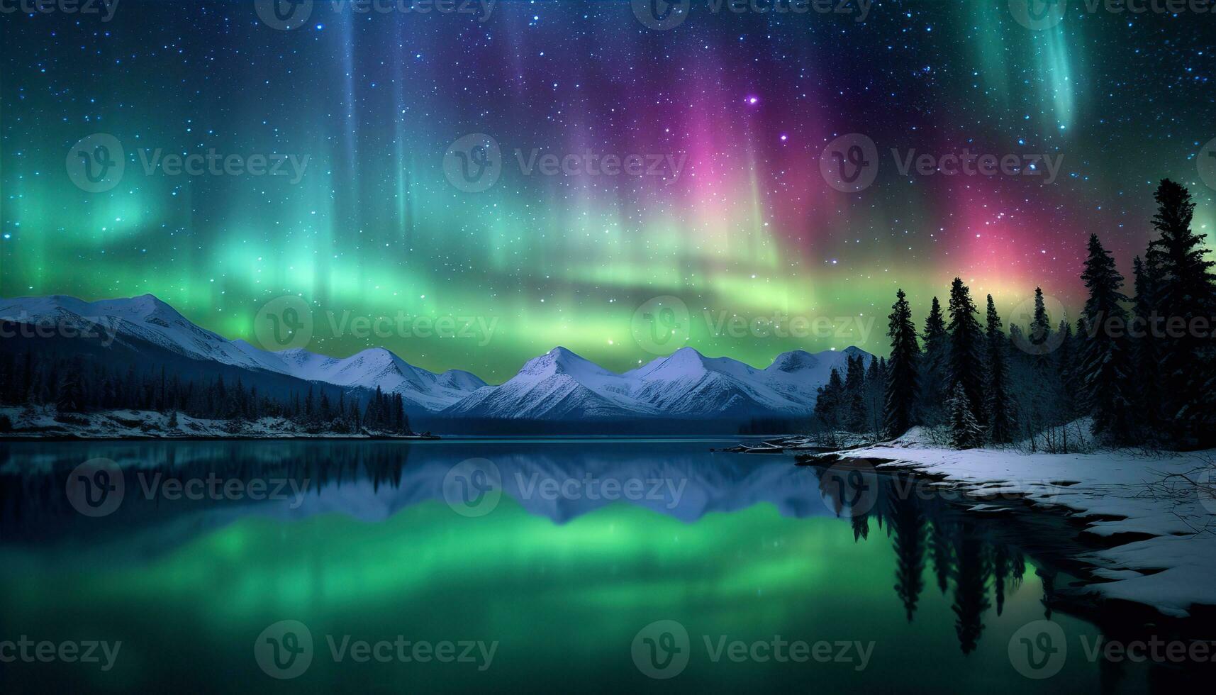Aurora borealis lake snowy trees mountains. Created with Generative AI photo