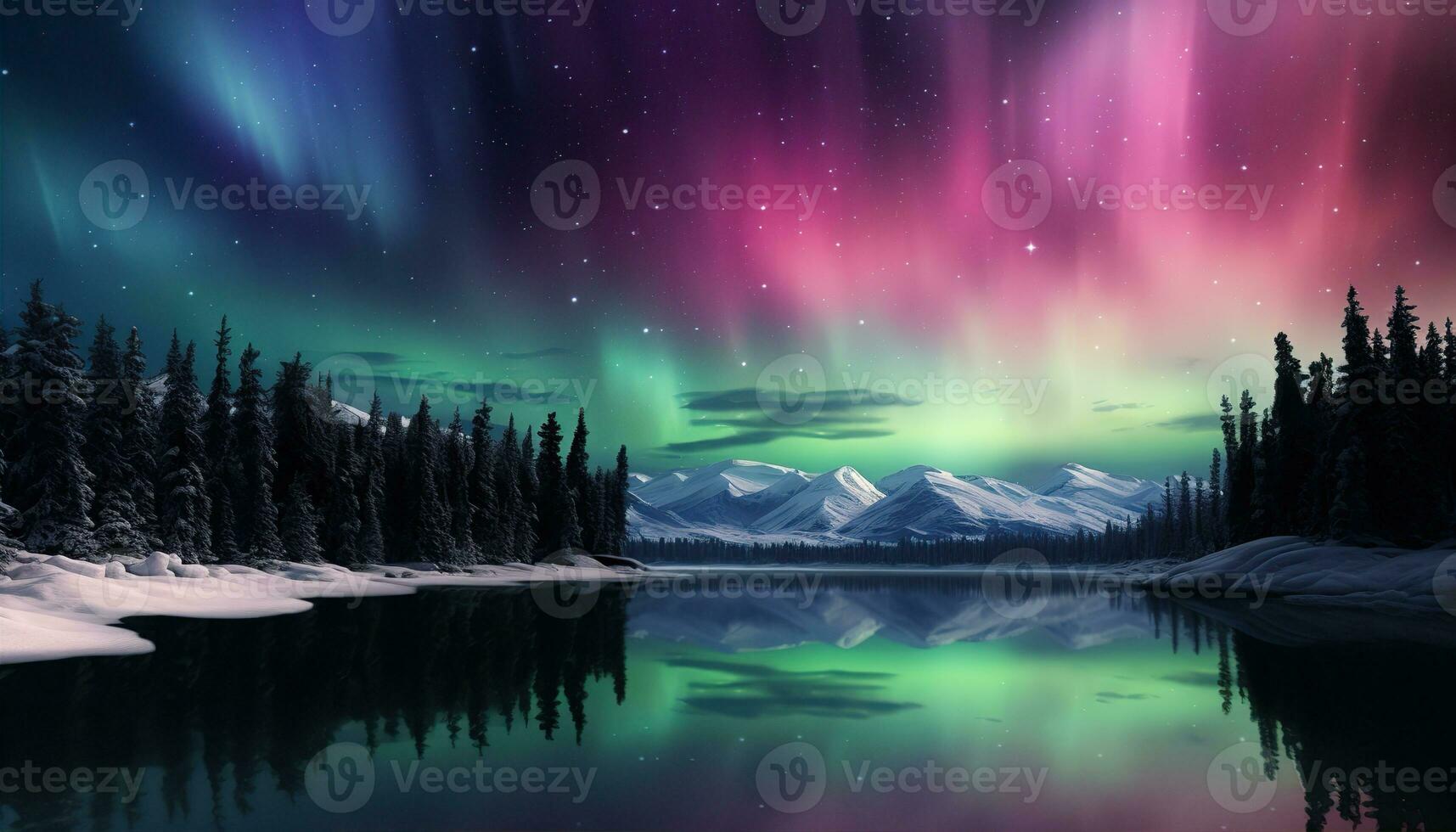 Aurora borealis lake snowy trees mountains. Created with Generative AI photo
