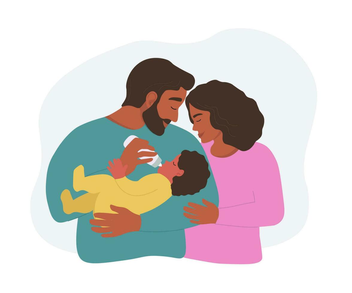 Happy family together. Mom and dad hold the baby in their arms and feed from a bottle. Vector flat graphics.