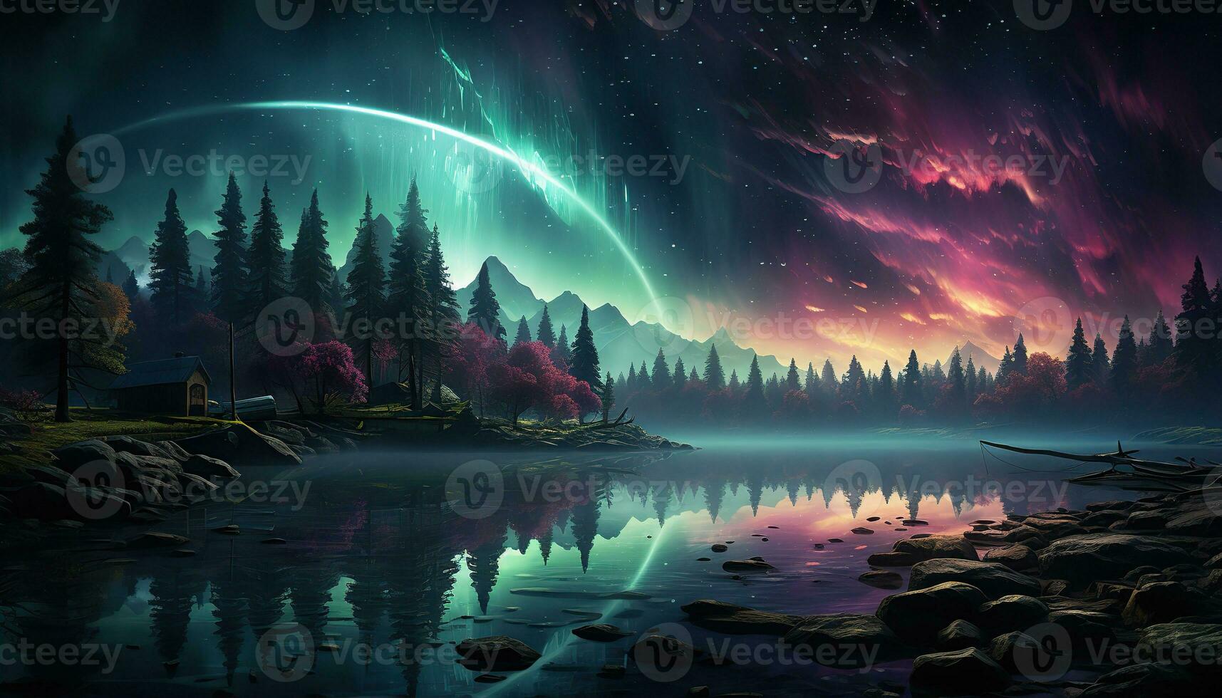 Aurora borealis lake snowy trees mountains. Created with Generative AI photo