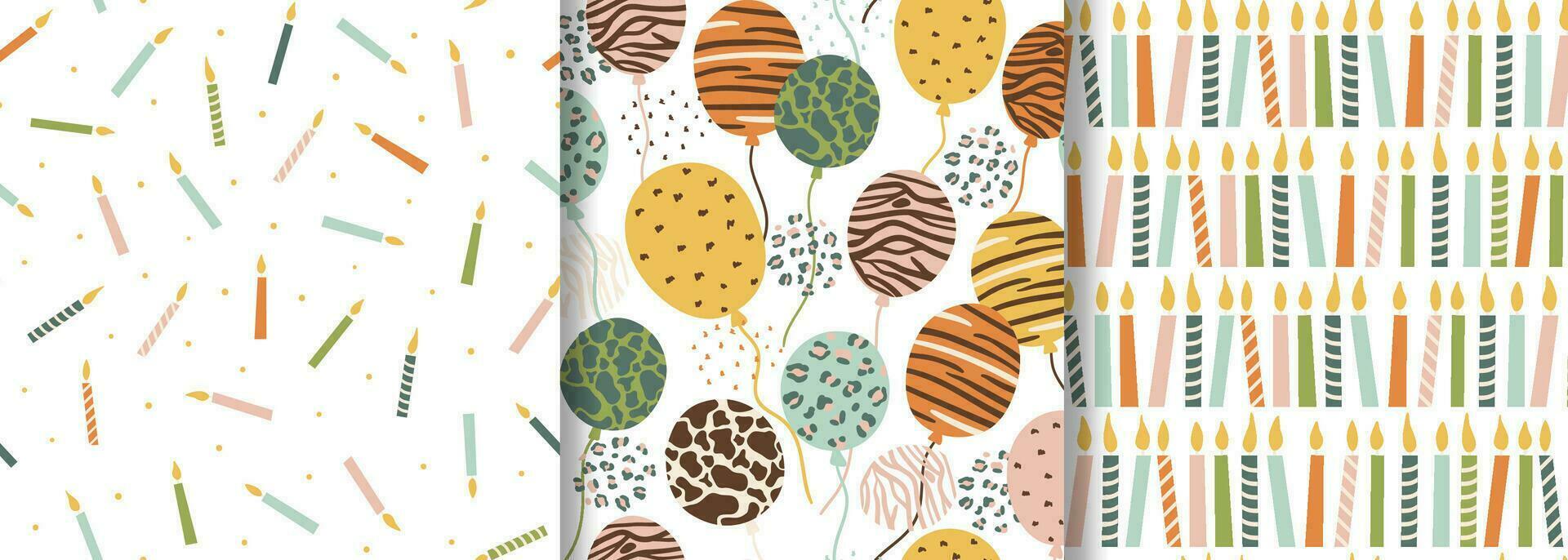 Wild Birthday party seamless pattern set. Vector kids birth party print with candles, balloons, colorful party celebration repeat background, wallpaper, textile, fabric, cloth, package, wrap paper.
