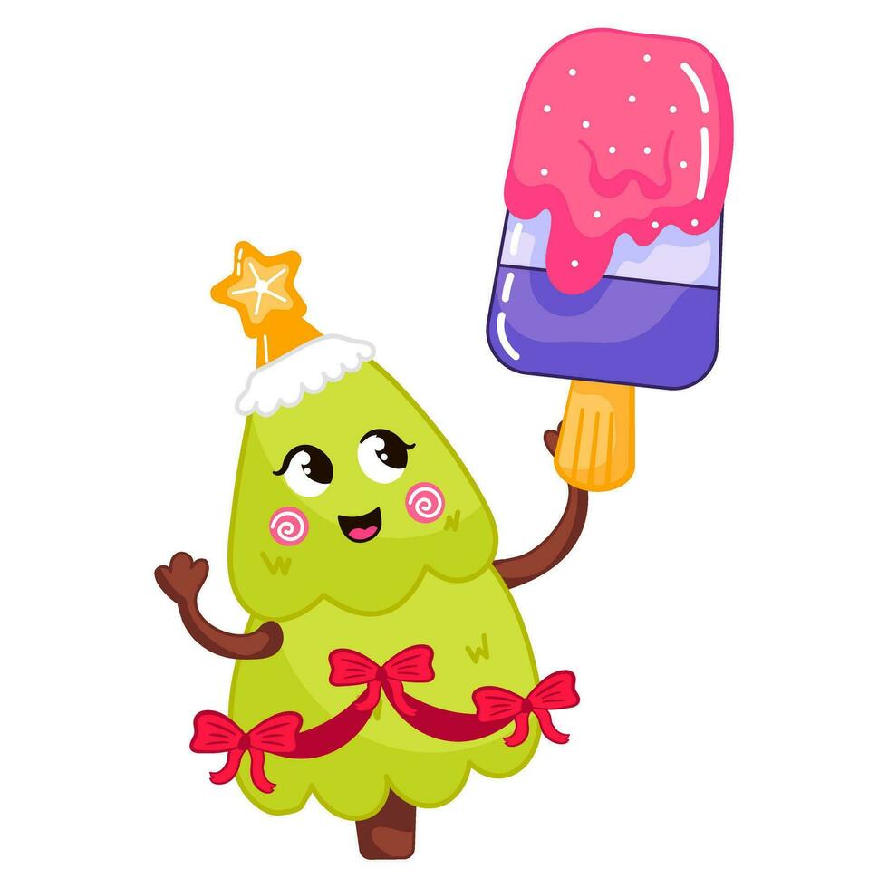 Cute Christmas tree character holding ice cream vector