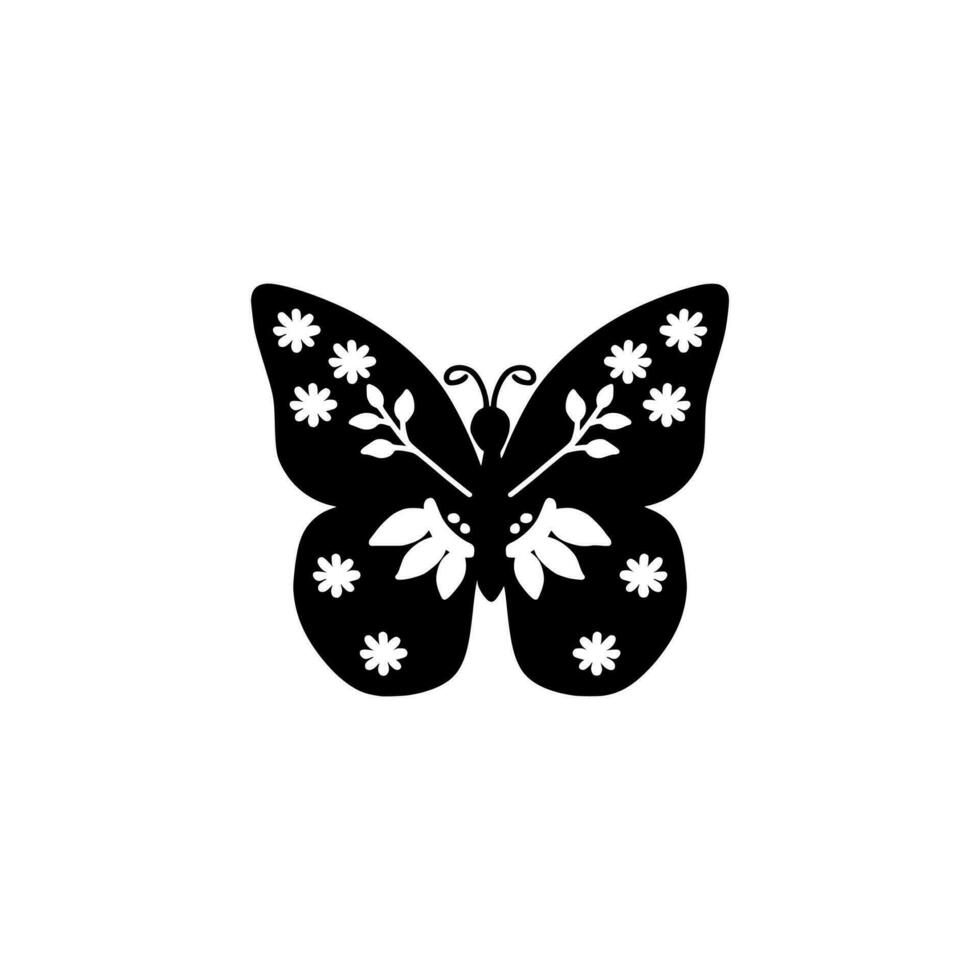 hermosa mariposa silueta con flores y hojas impresión vector