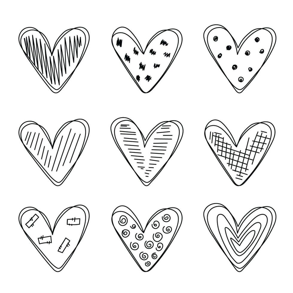 Set of hand drawn scribble hearts isolated on white background. Hearts collection with decoration. Love symbol illustration. Set of hearts in doodle style. vector