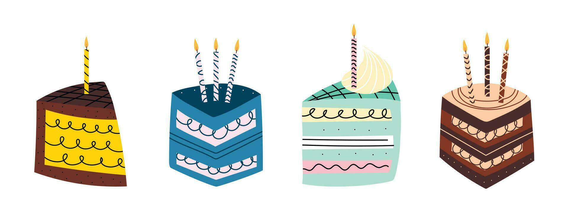 Decorative hand drawn pieces of Birthday cakes with candles on a white background. Slises of cakes. Vector for postcards, stickers, label, logo and etc.