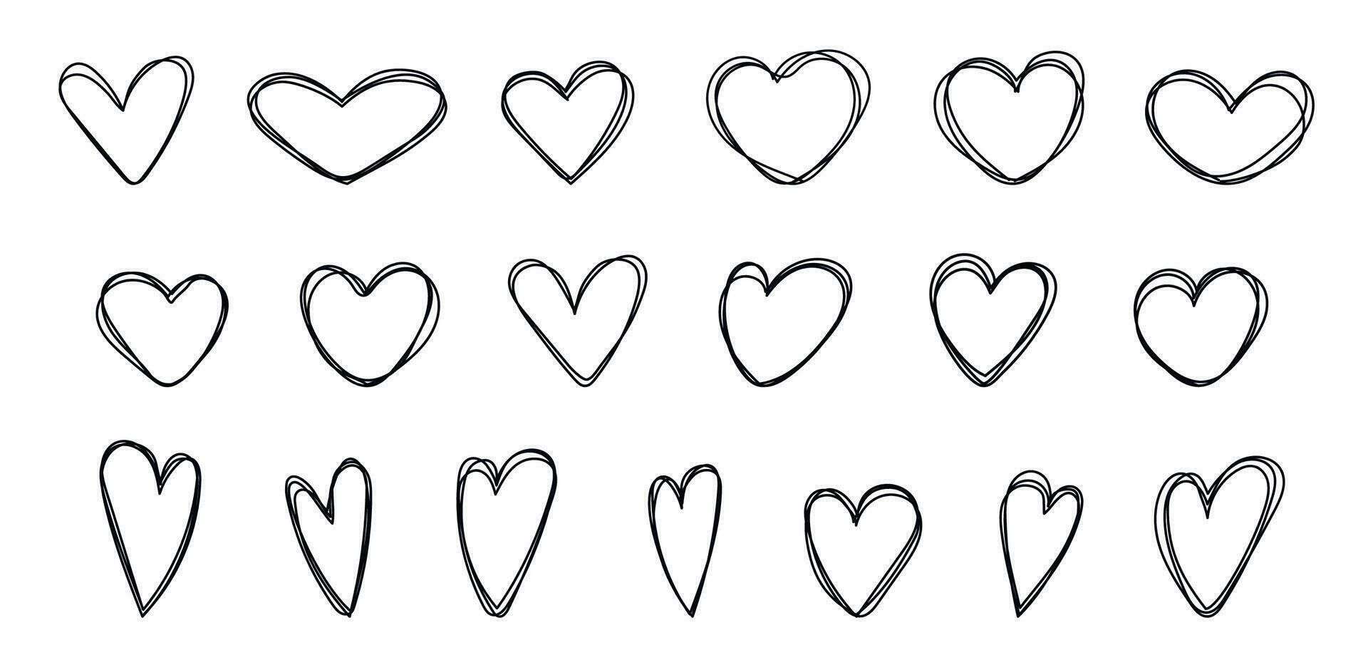 Set of hand drawn scribble hearts isolated on white background. Hearts doodles collection. Love symbol illustration. Set of hearts in line art style. vector