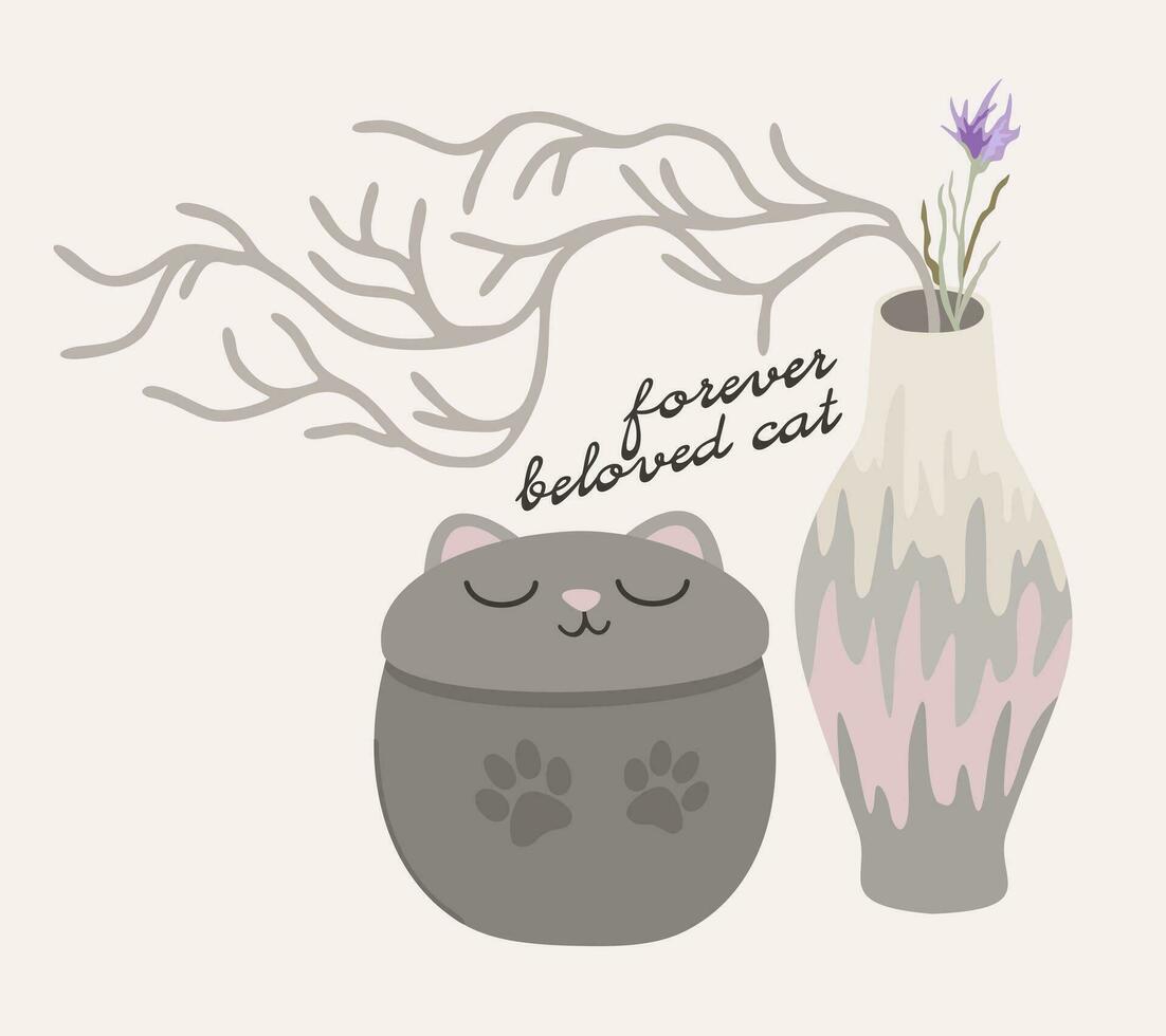Pet cremation. Cremation urn in shape of cat and vase with flowers. Vector isolated illustration with lettering