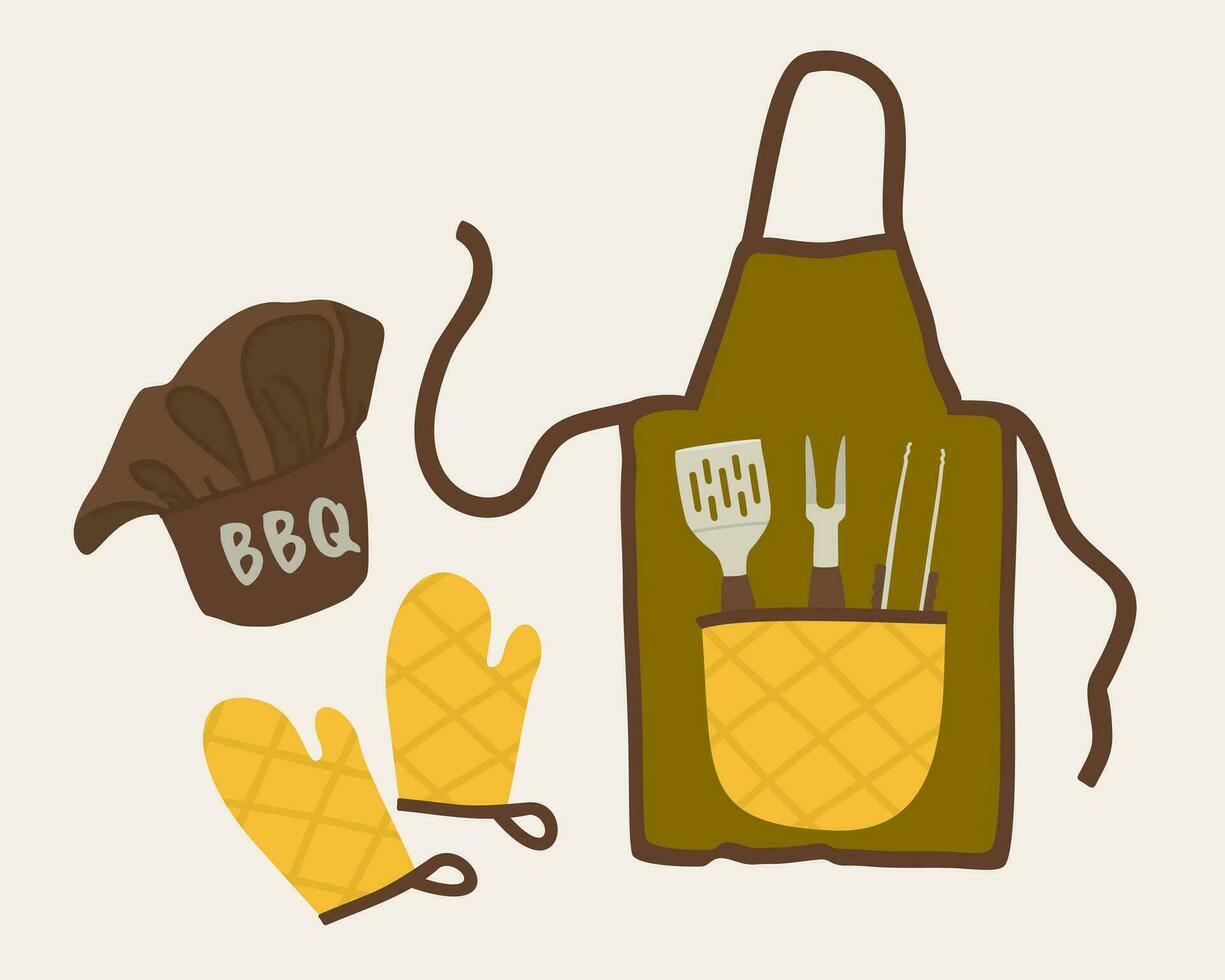Barbecue chef set. Gloves, cap and apron with pocket. Barbecue cookware in a pocket. Vector isolated illustration.