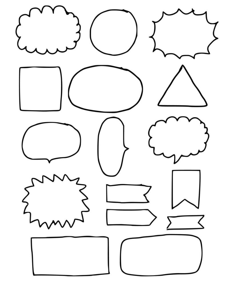 Set of hand drawn doodle elements Speech bubble shapes.Quote box frame and line.Collection of banner for chat and advertising.Sign, symbol, icon or logo isolated.Vector illustration.Graphic design. vector