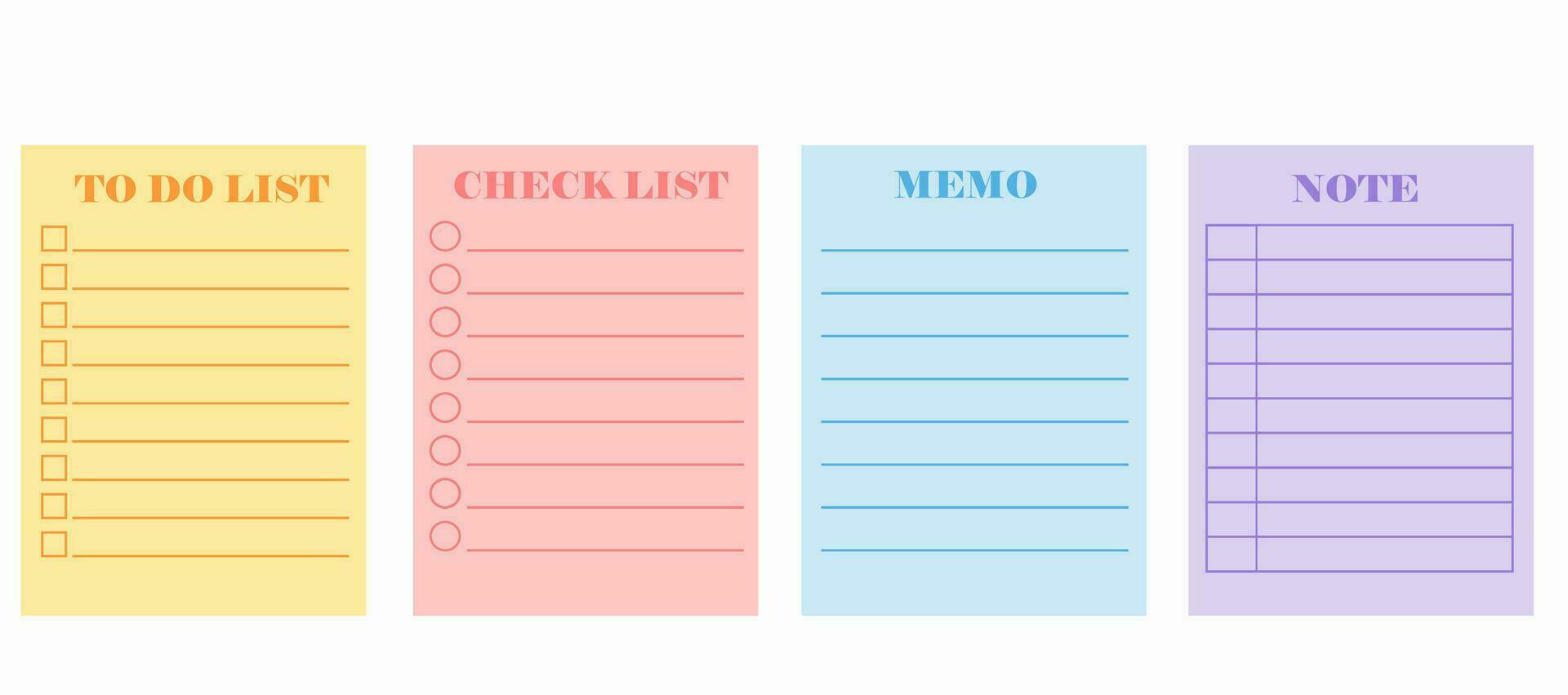 Template for notebook.Checklist and To Do list.Stickers for note.Paper sheets.Schedule and table.Blank space planner pages bullet journal.Memo and page.Vector illustration. vector