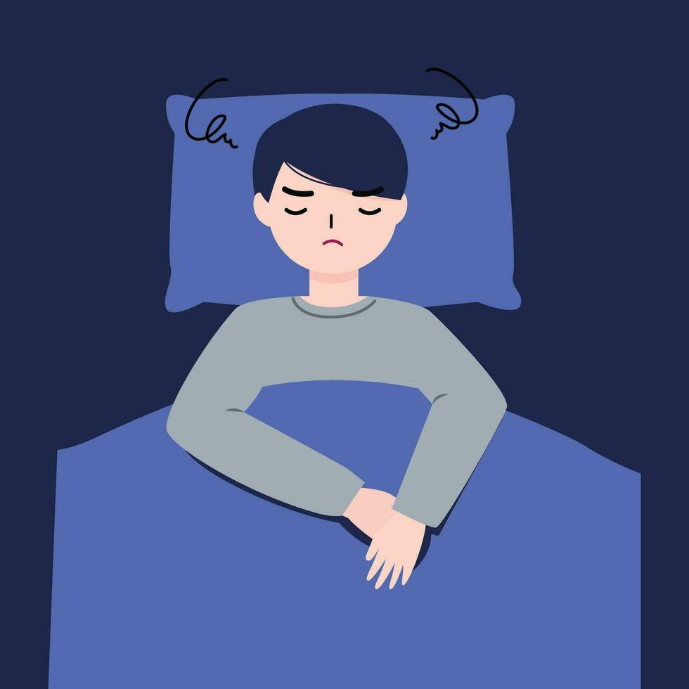 Young man can not sleep and depressed. Mental disorder, loneliness, anxiety illustration vector