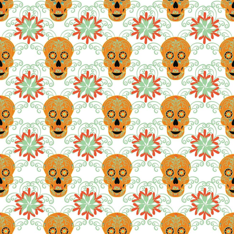 Skulls of the dead day. Mexican sugar man head halloween tattoo to honor death. Seamless pattern. vector