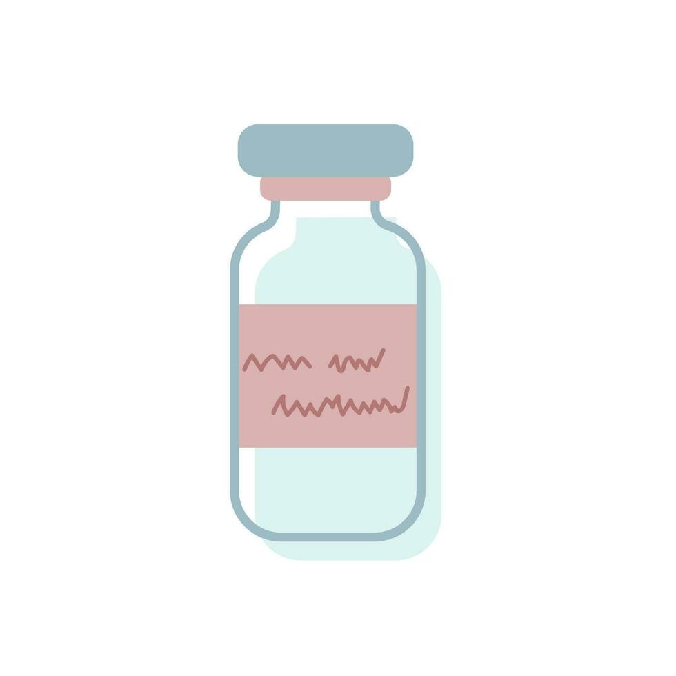 Vector flat illustration of medicine bottle with a label and an inscription. Isolated blue vial for tablets, capsules, vitamins or syrup. Element of medical and pharma concept