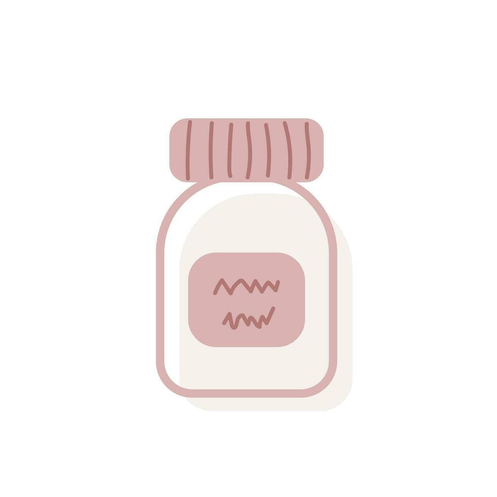 Vector illustration of medicine vial with a label and a scrawl. Isolated flat bottle for tablets, capsules, vitamins or supplements. Element of medical and pharma concept