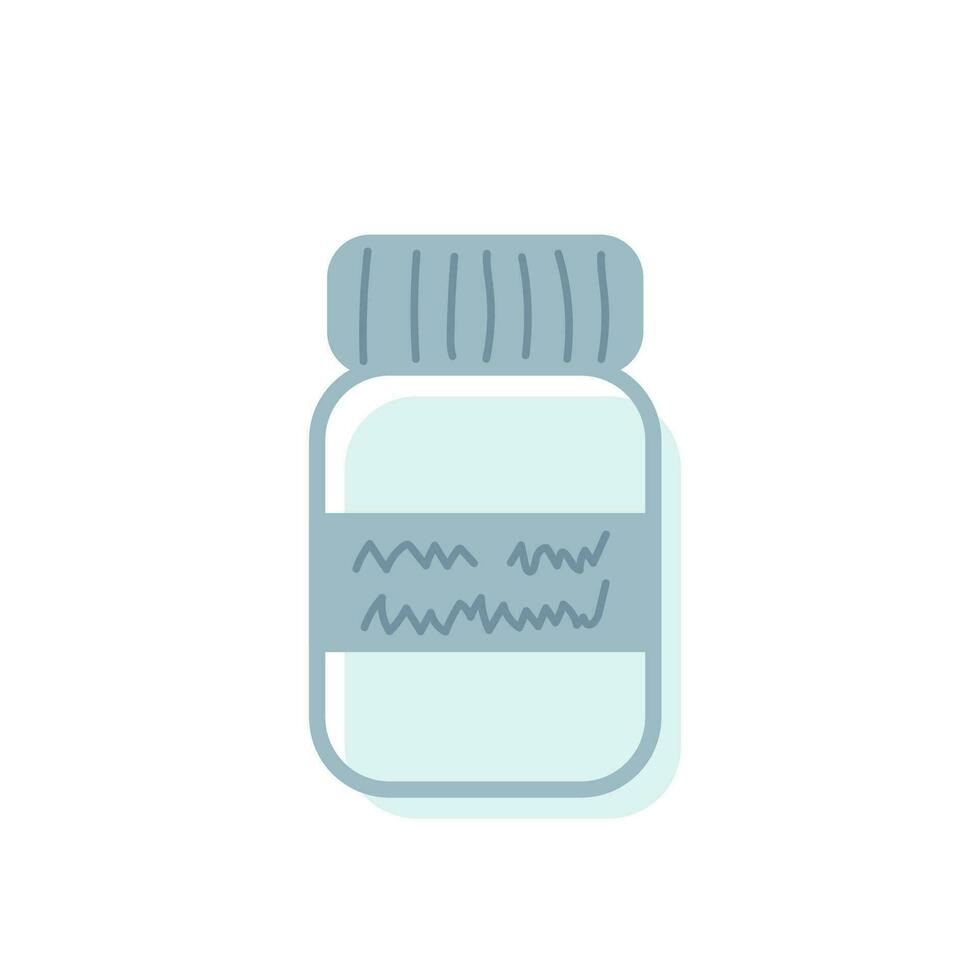 Blue medicine vial with a label and a scrawl. Isolated vector flat bottle for tablets, capsules, vitamins or supplements. Element of medical and pharma concept