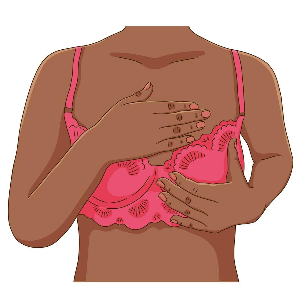 Female breast health concept. Black woman wearing pink lace bra, hands over the chest. Self diagnostic, mammography importance concept. vector