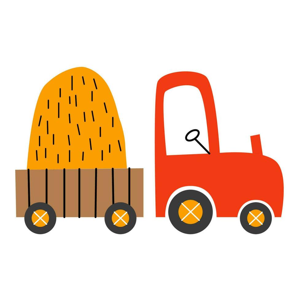 Hand drawn cute cars in scandinavian style. Truck with hay. Vector set with cute cars for fabric, textile and wallpaper design.