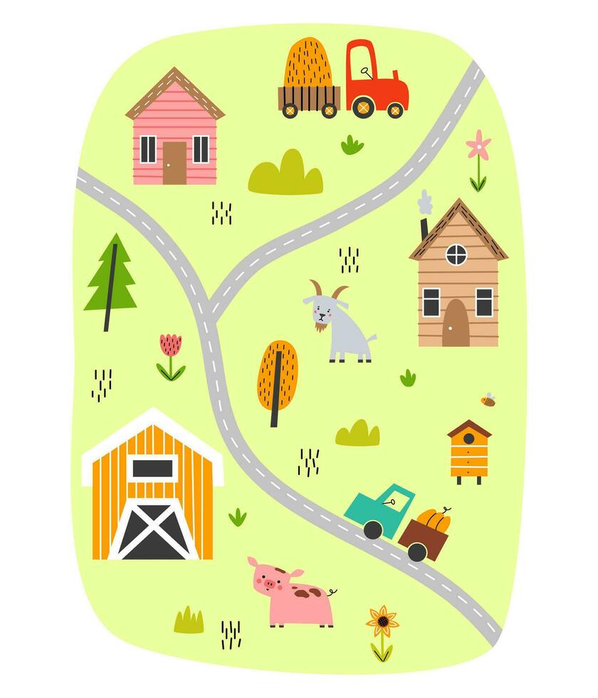 Cute village map with houses and animals. Hand drawn vector illustration of a farm. Town map creator.