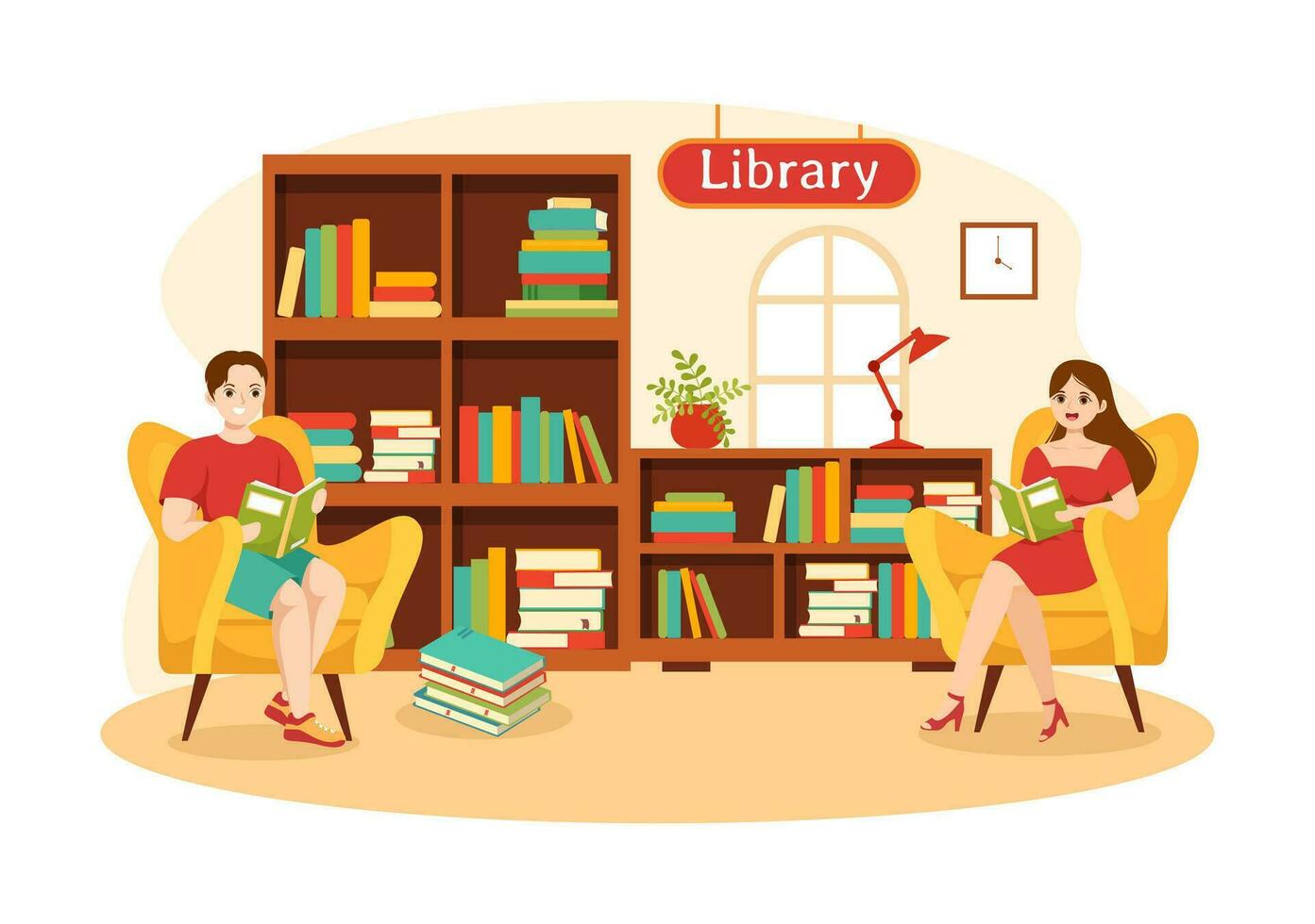 Library Vector Illustration of Book Shelves with Interior Wooden Furniture for Reading, Education and Knowledge in Flat Cartoon Background Design