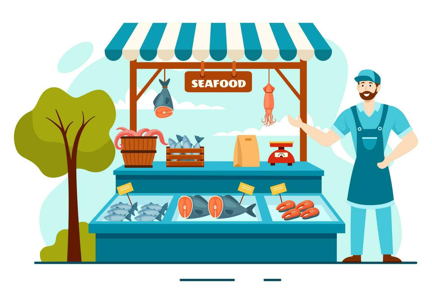 Mariscos mercado puesto vector ilustración con Fresco pescado productos tal como pulpo, almejas, camarón y langosta en plano dibujos animados antecedentes diseño