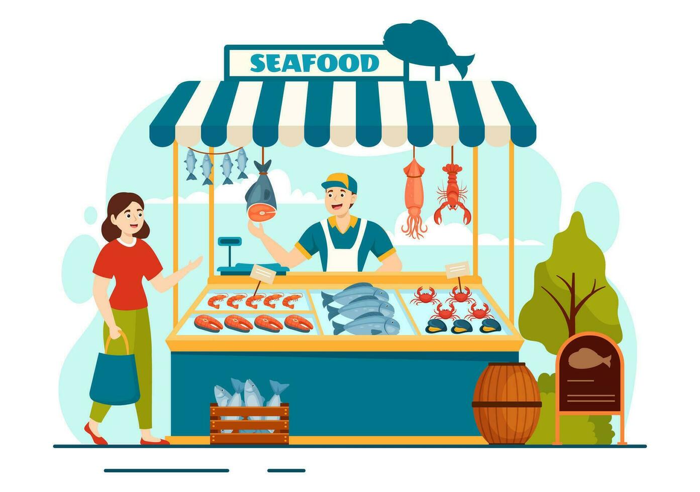 Mariscos mercado puesto vector ilustración con Fresco pescado productos tal como pulpo, almejas, camarón y langosta en plano dibujos animados antecedentes diseño