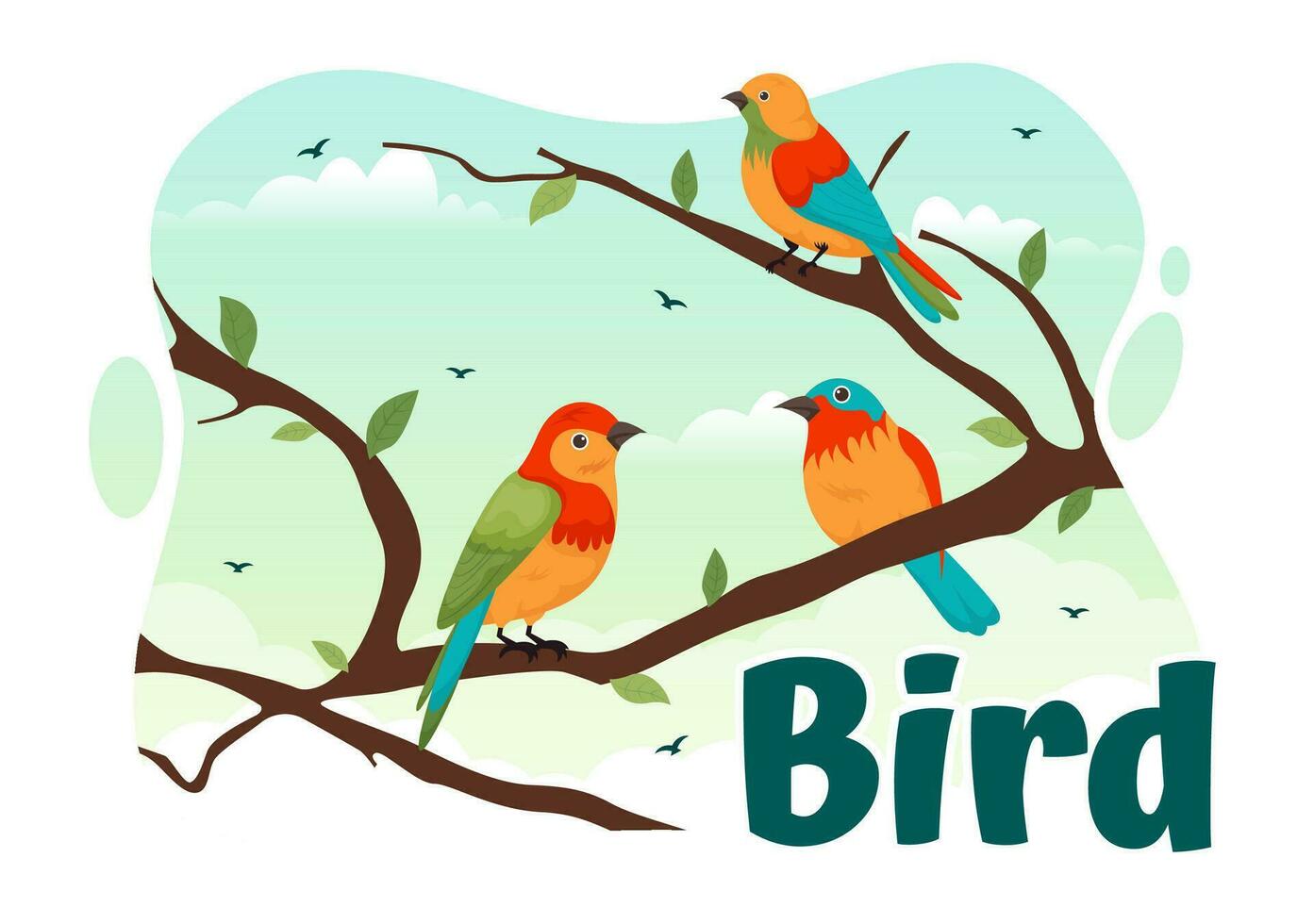 Bird Animal Vector Illustration with Birds on Tree Roots and Sky as Background in Flat Cartoon Style Design Template