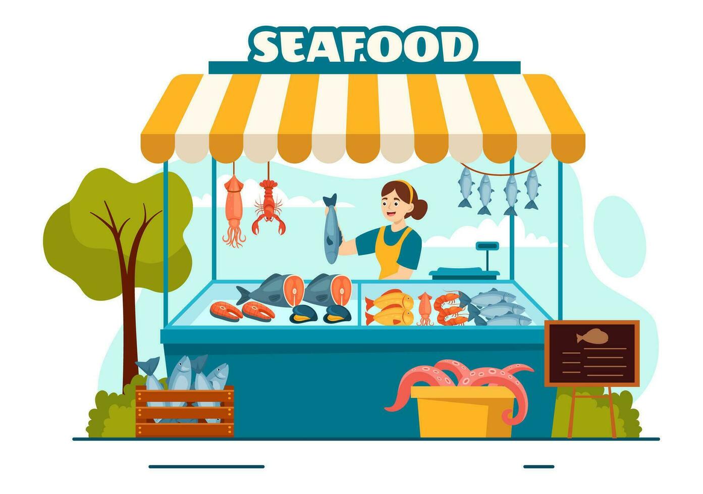 Mariscos mercado puesto vector ilustración con Fresco pescado productos tal como pulpo, almejas, camarón y langosta en plano dibujos animados antecedentes diseño
