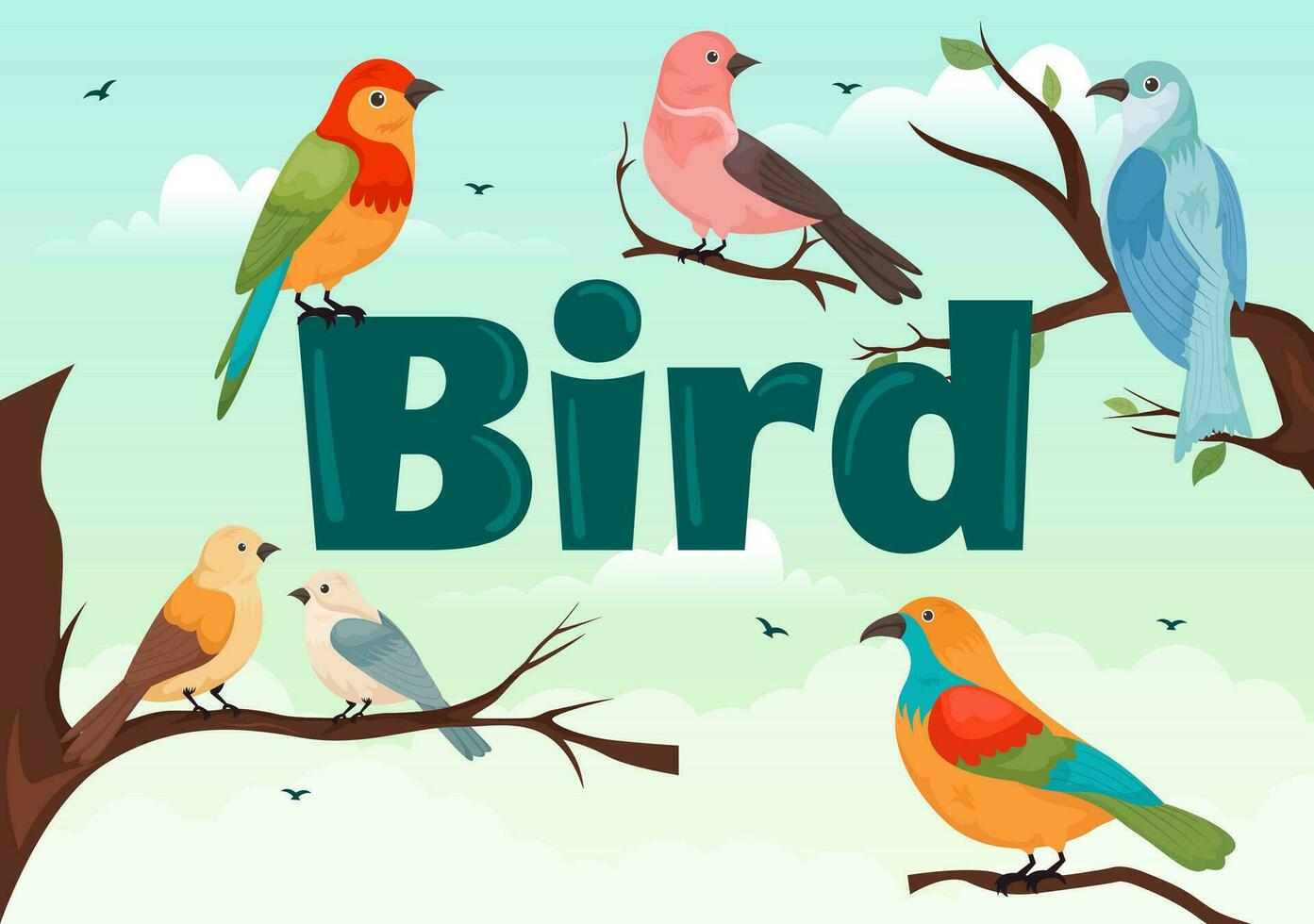 Bird Animal Vector Illustration with Birds on Tree Roots and Sky as Background in Flat Cartoon Style Design Template