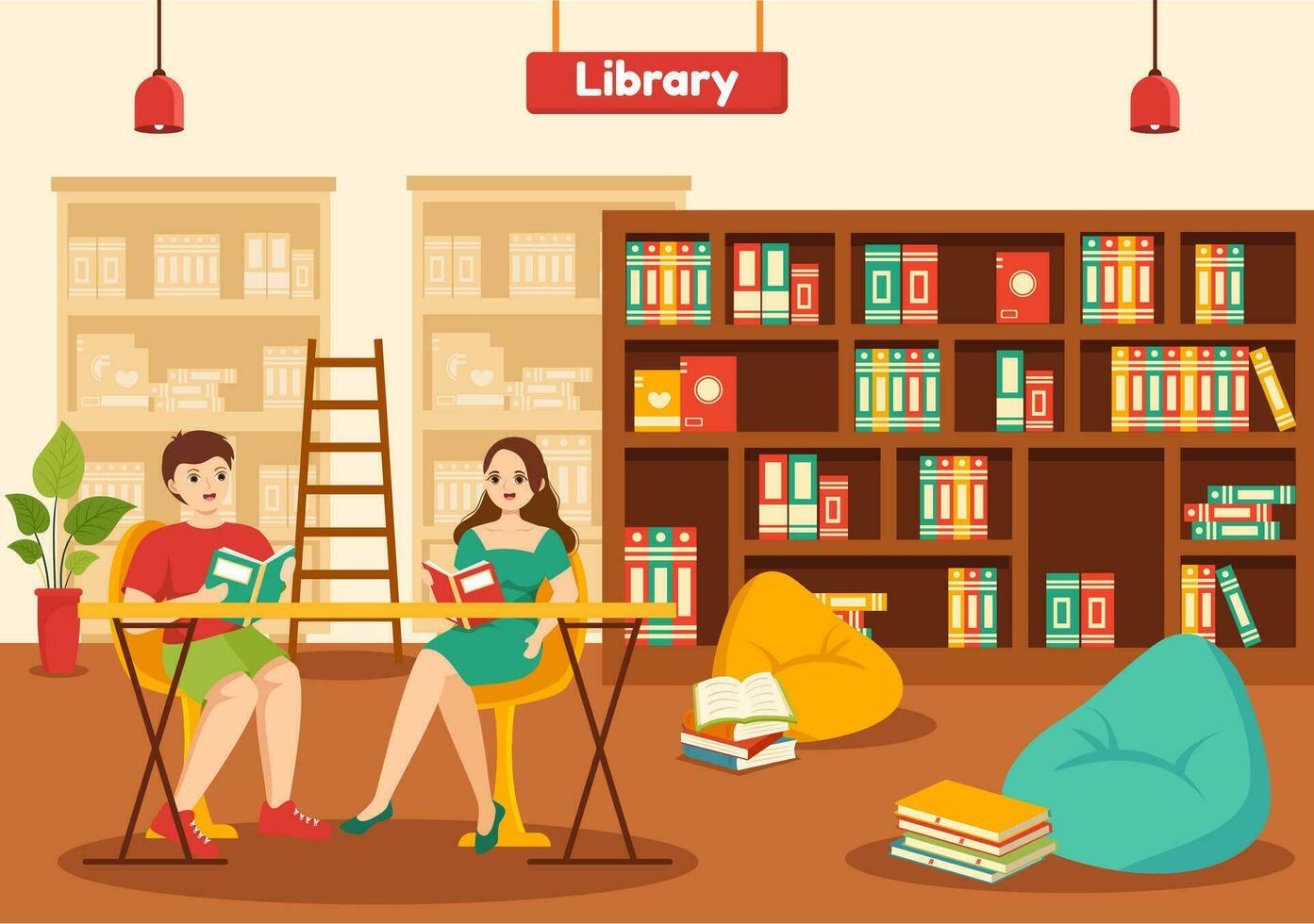 Library Vector Illustration of Book Shelves with Interior Wooden Furniture for Reading, Education and Knowledge in Flat Cartoon Background Design
