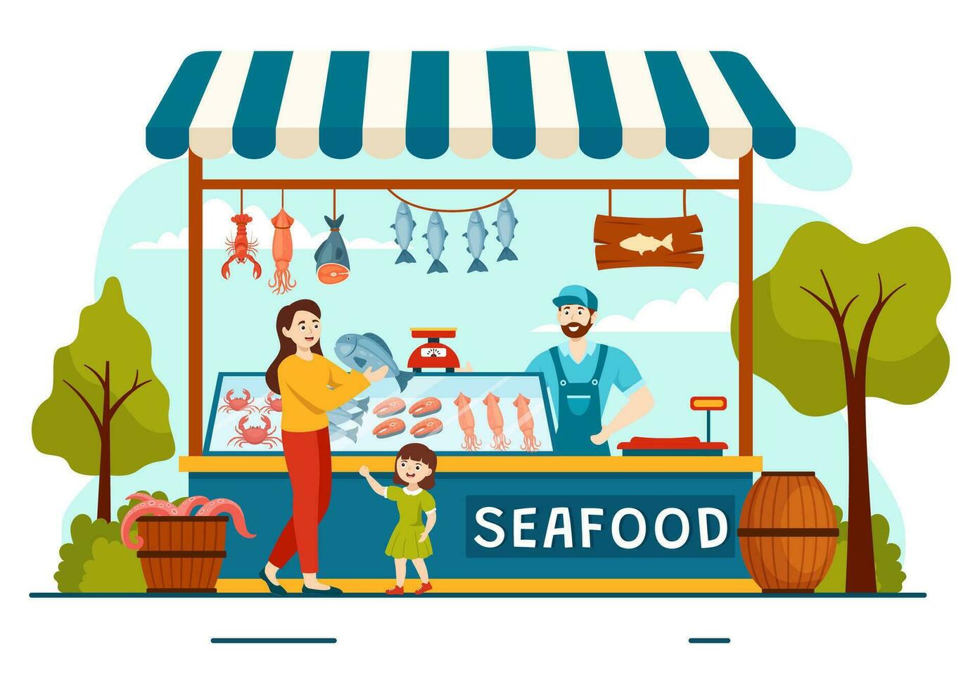 Mariscos mercado puesto vector ilustración con Fresco pescado productos tal como pulpo, almejas, camarón y langosta en plano dibujos animados antecedentes diseño